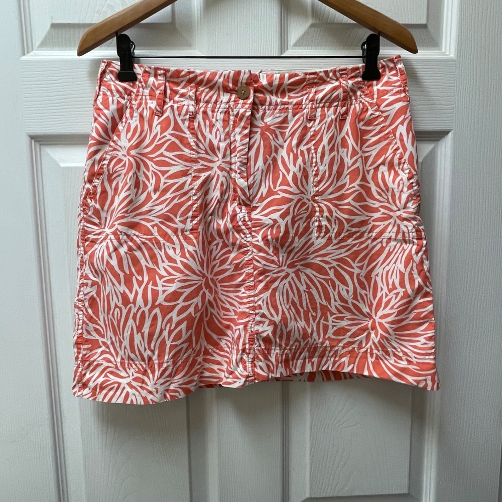 Lands' End Women's 6P Coral And White Floral Print 100% Cotton Skort Poplin